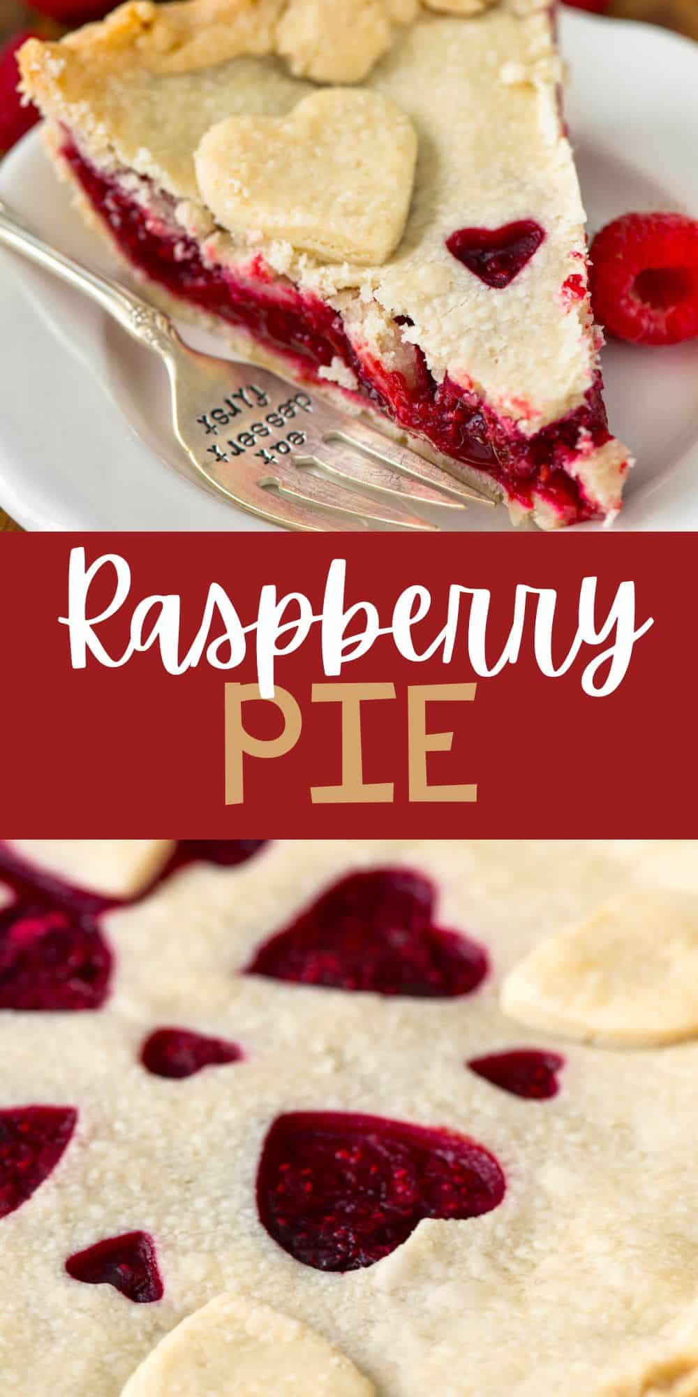 two photos of one slice of pie with raspberry filling and a heart sliced out of the dough with words on the image.