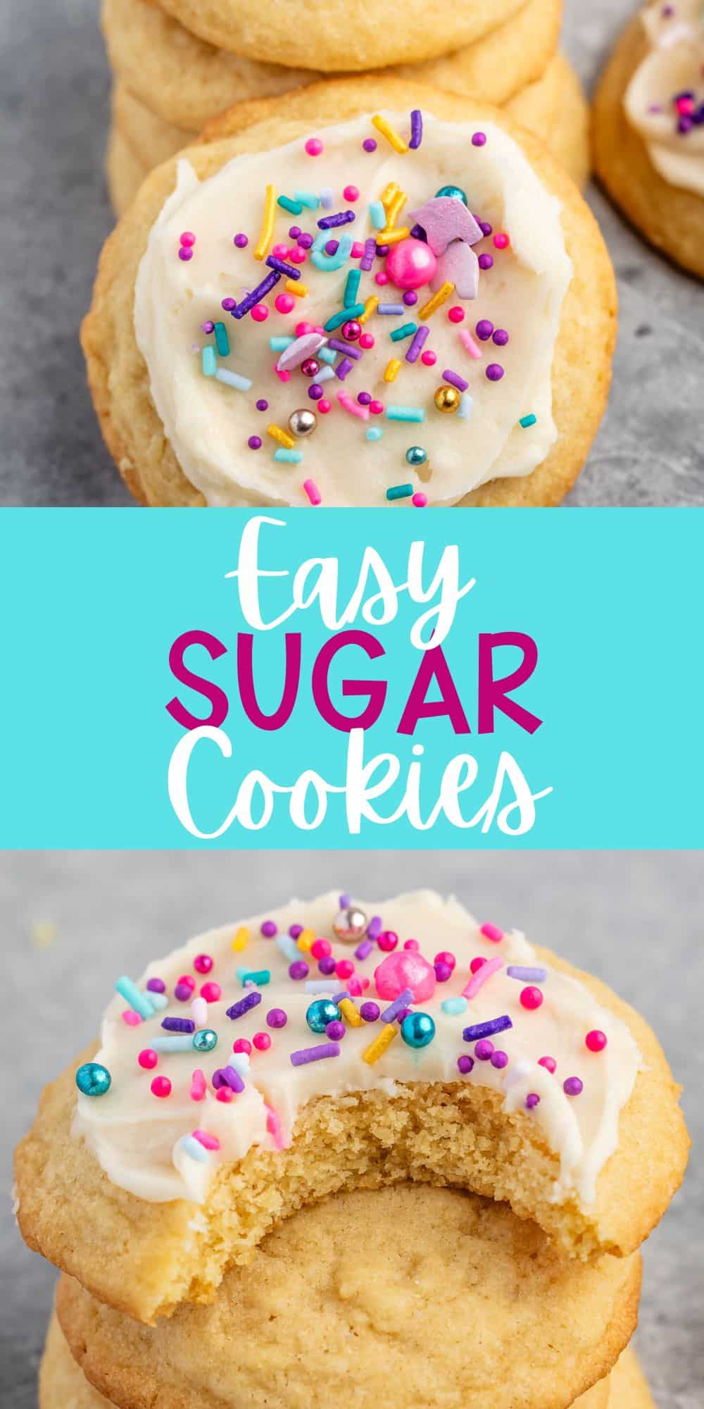 two photos of sugar cookie with white frosting and pink and blue sprinkles with words on the image.