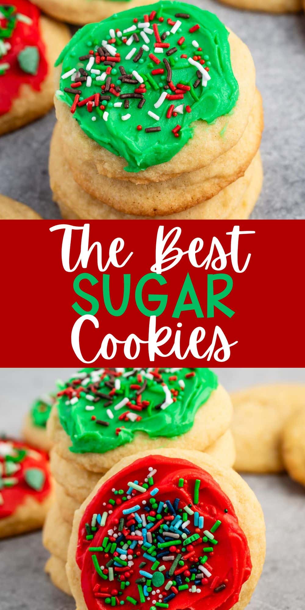 two photos of stacked cookies with green and red frosting with green and red sprinkles on top with words on the image.