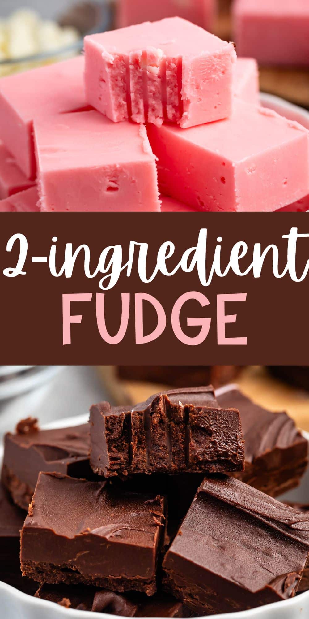 two photos of stacked brown and pink fudge in a white dish with words on the image.