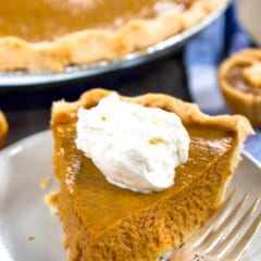 one triangle slice of pumpkin pie with a dollop of whipped cream on a white plate.