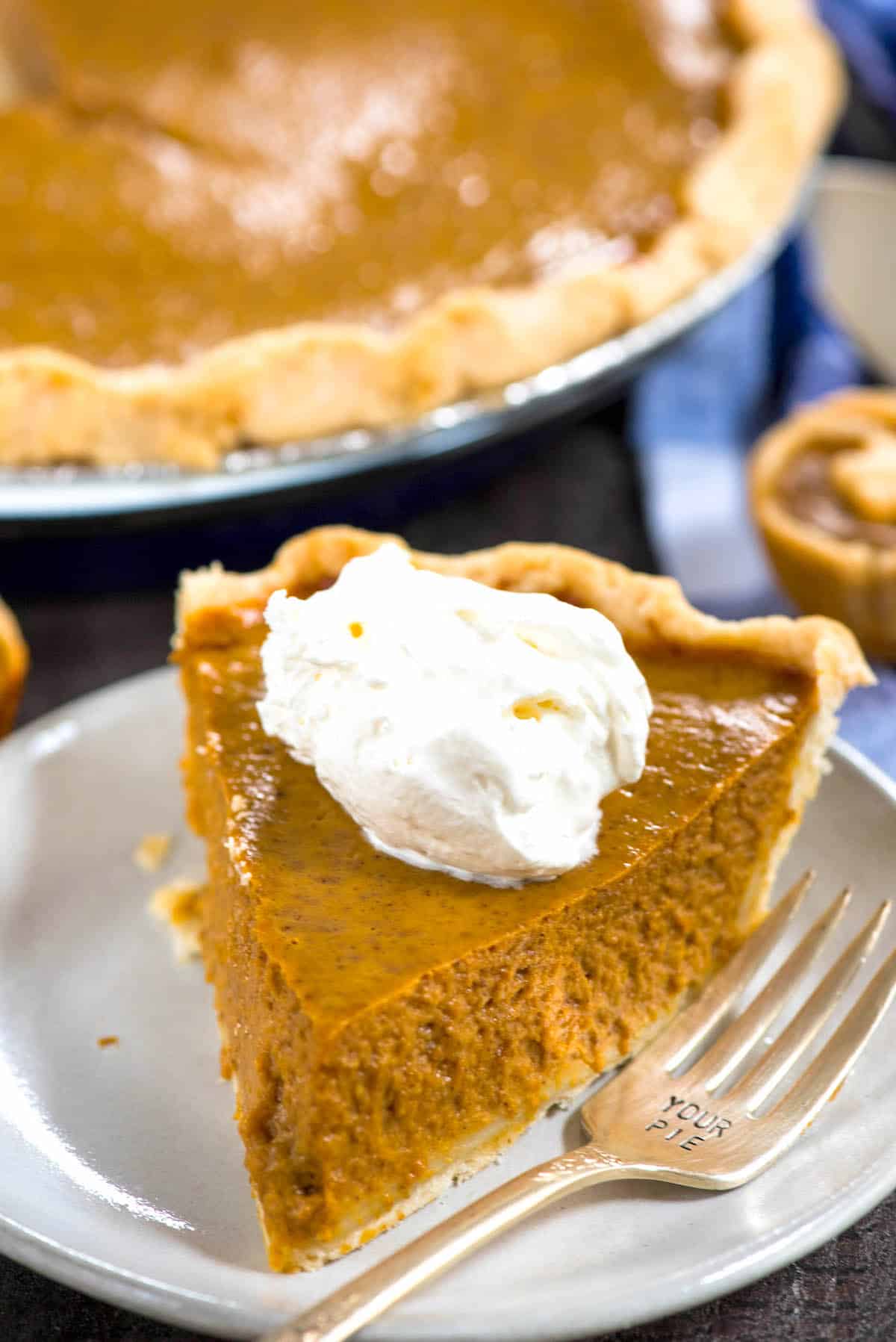 one triangle slice of pumpkin pie with a dollop of whipped cream on a white plate.