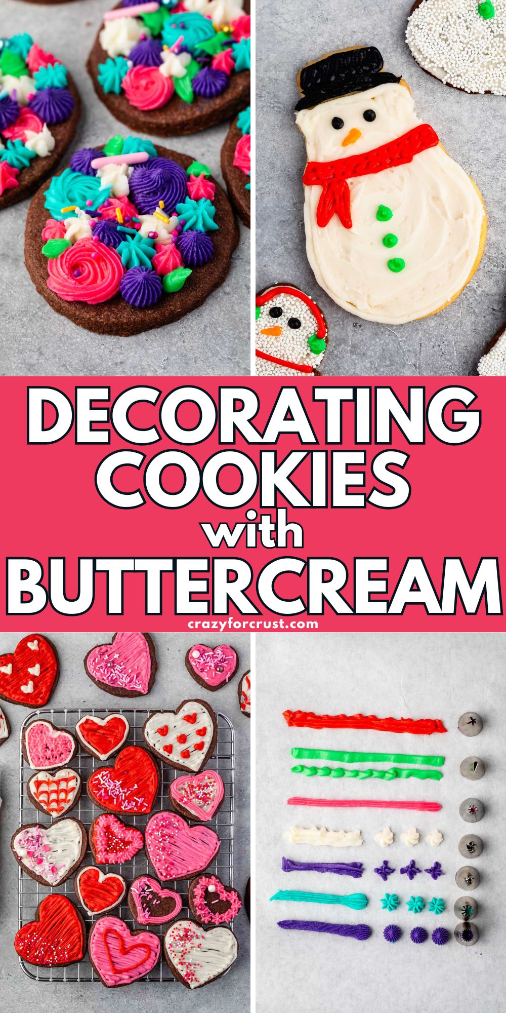 chocolate sugar cookies decorated with bright frosting, snowman cookies, heart cookies collage