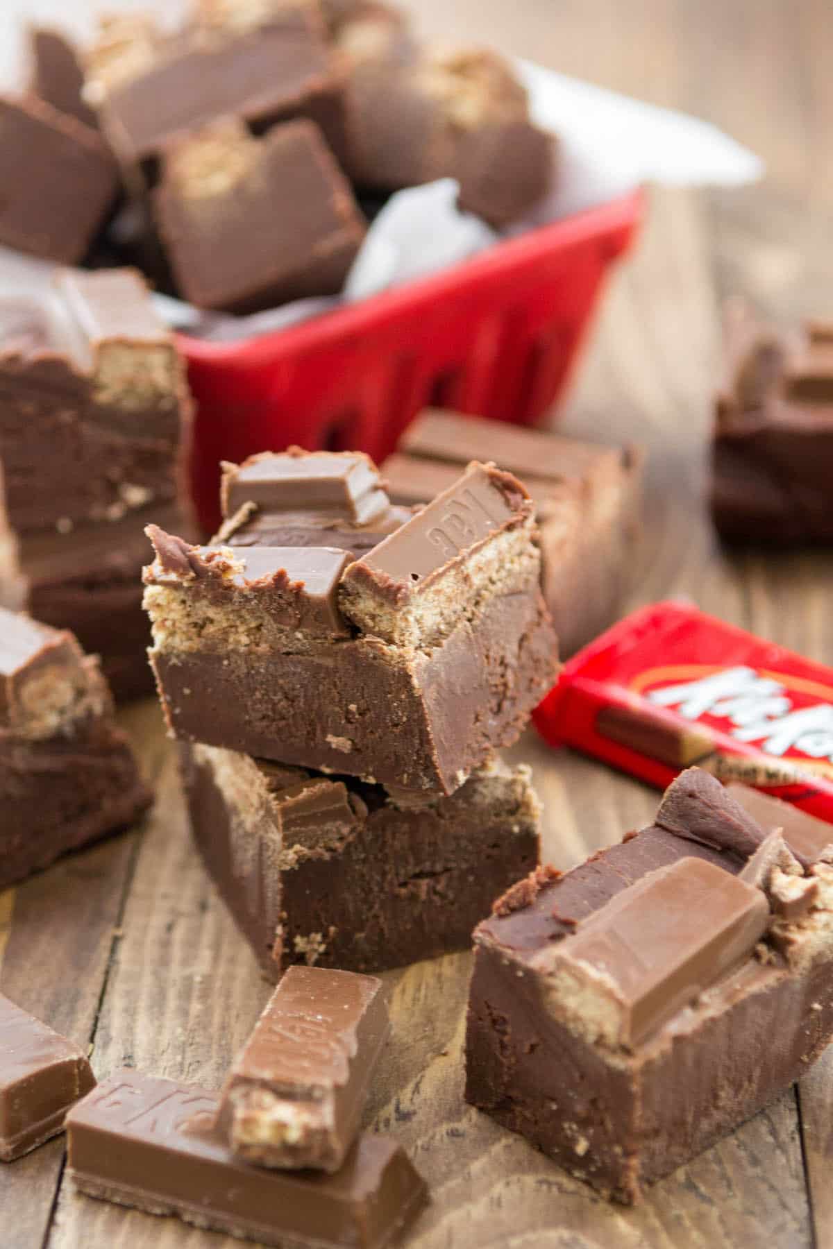 stacked fudge with KitKats on top near wrapped KitKats.