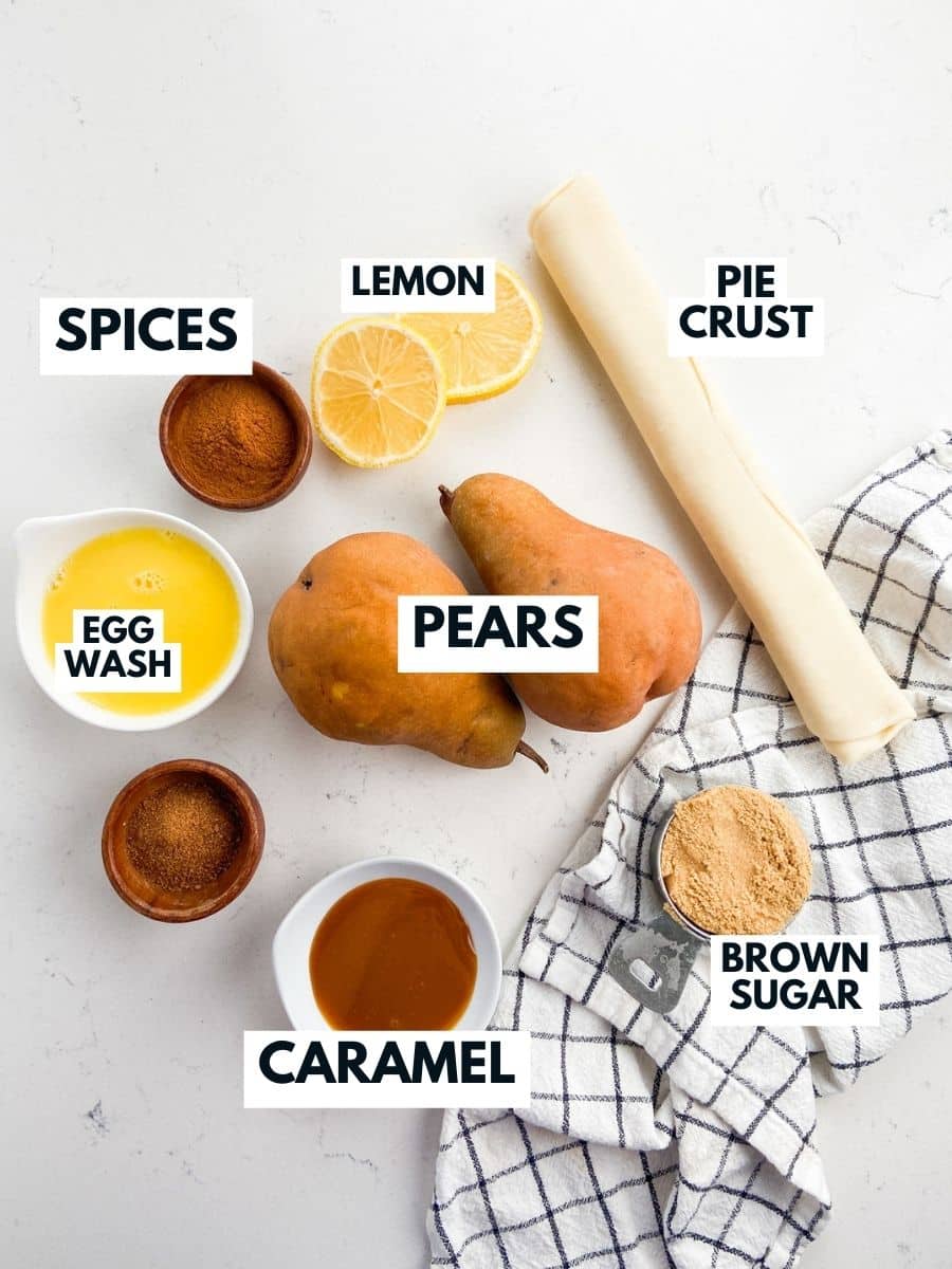 ingredients in pear galette on counter.