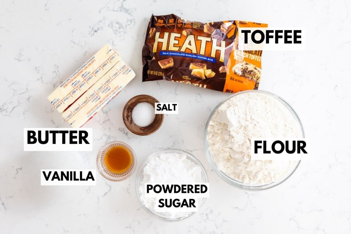 ingredients in snowball cookies with toffee bits