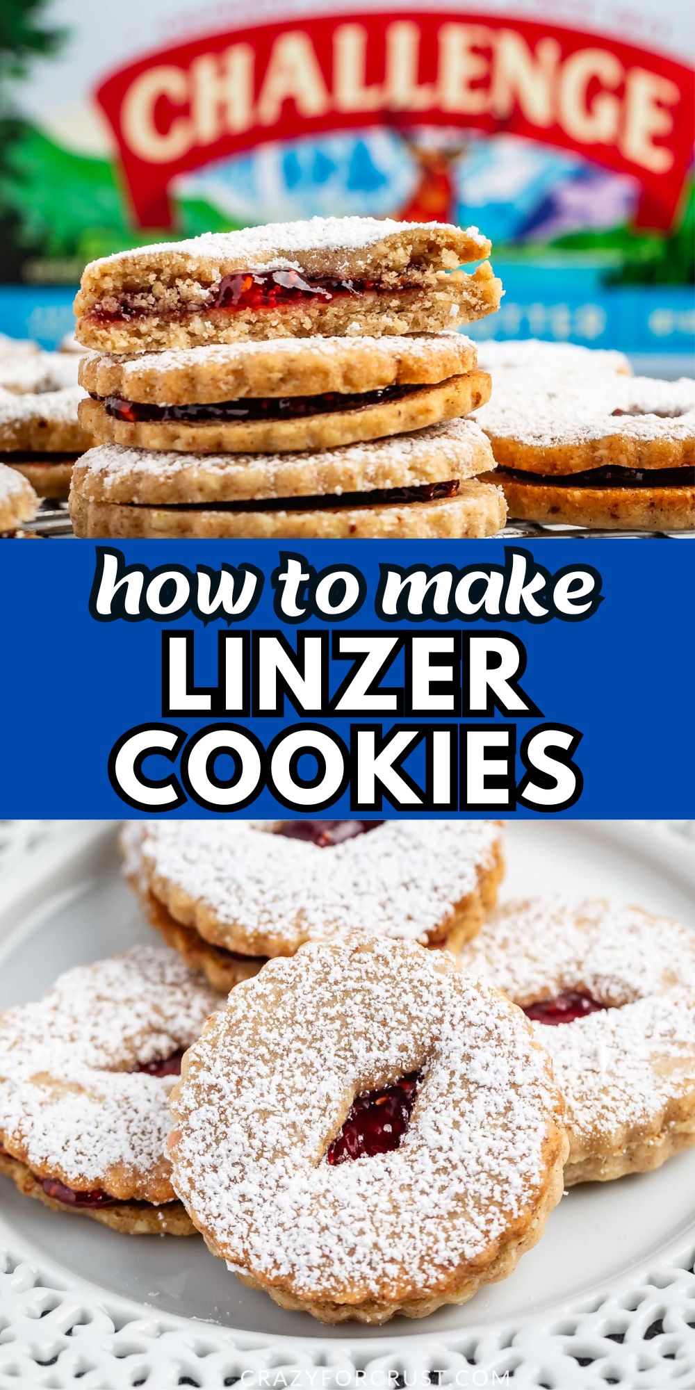 liner cookies on white plate and stack with one cut in half with challenge box behind