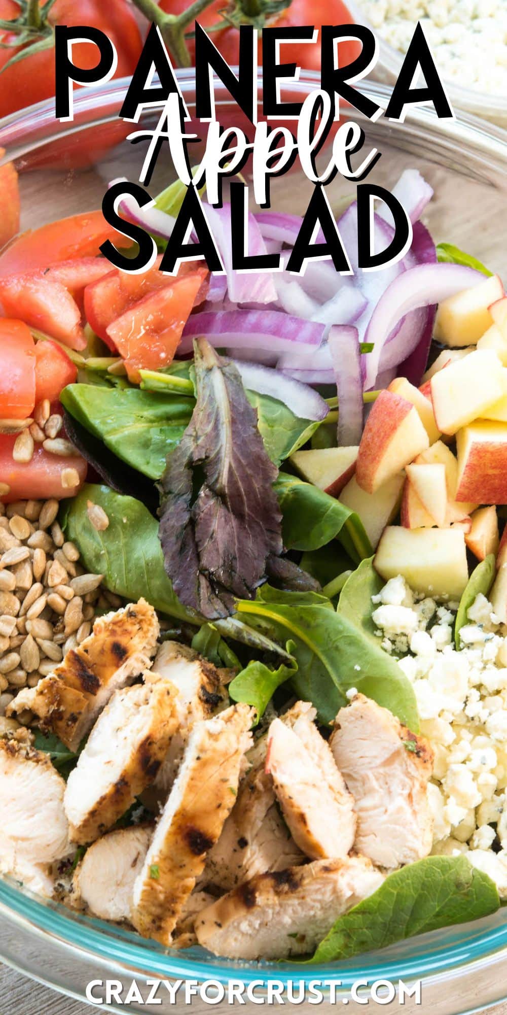 salad mixed with apples and onions and chicken and more in a clear bowl with words on the image.
