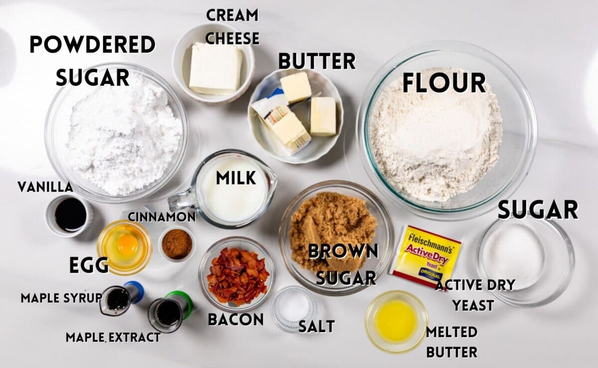 ingredients in bacon cinnamon rolls laid out on a marble countertop.
