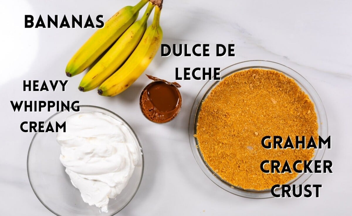 ingredients in the banoffee pie laid on the marble counter.