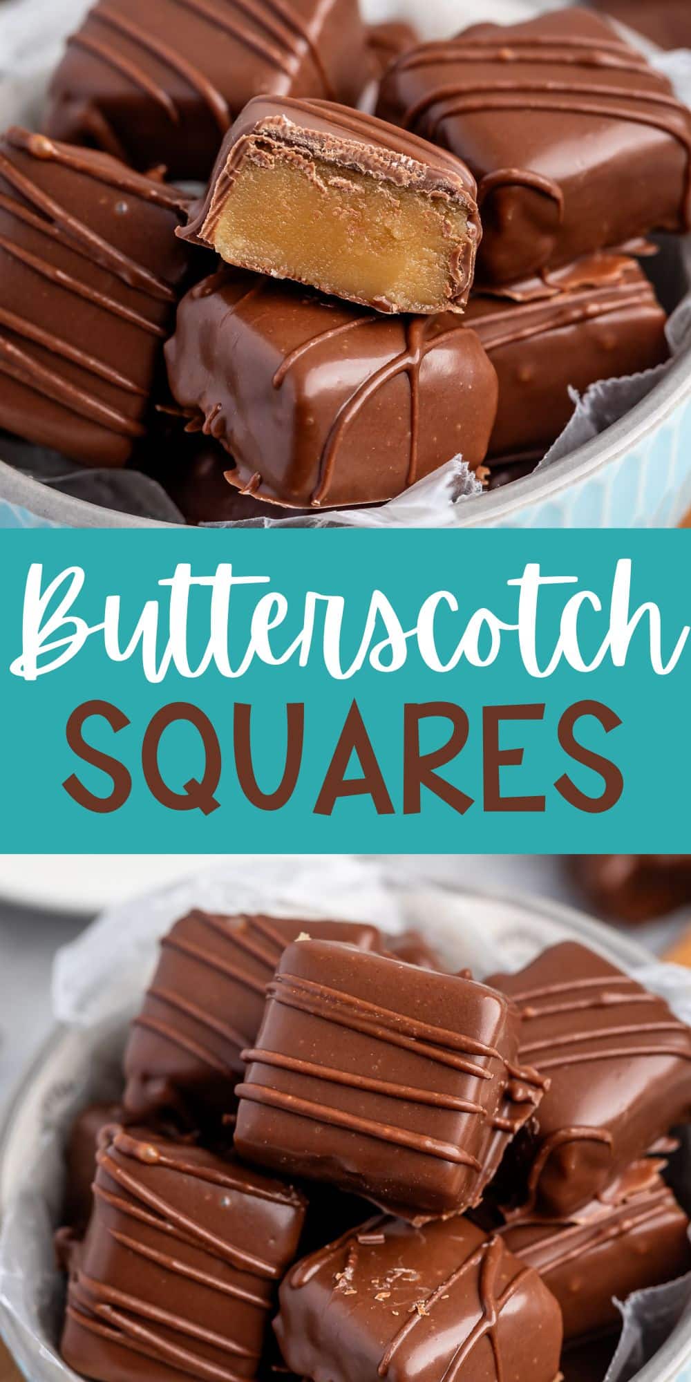 two photos of stacked butterscotch squares covered in chocolate in a light blue bowl with words on the image.