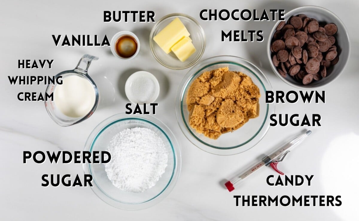 ingredients in butterscotch squares laid out on a marble counter.