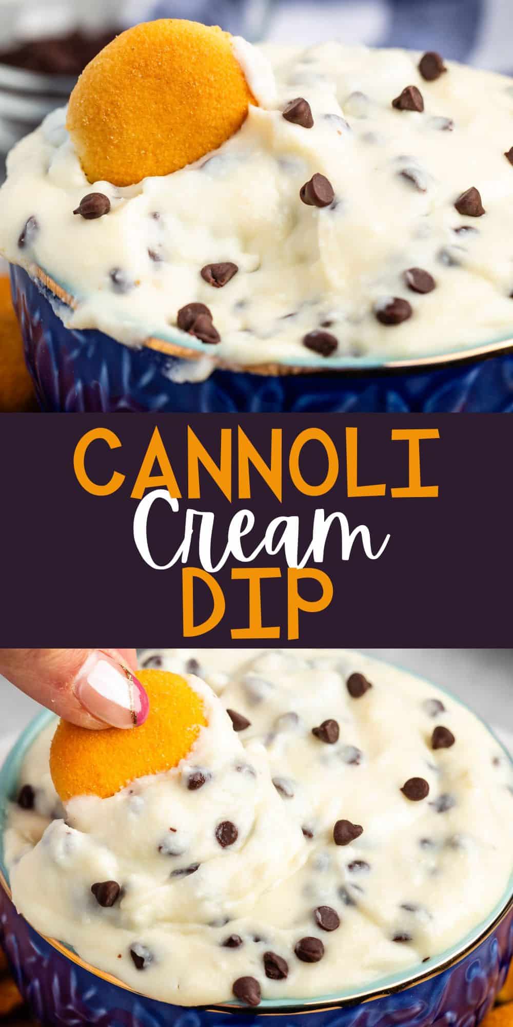 two photos of cannoli dip in a blue bowl with orange cookie wafers next to the bowl with words on the image.
