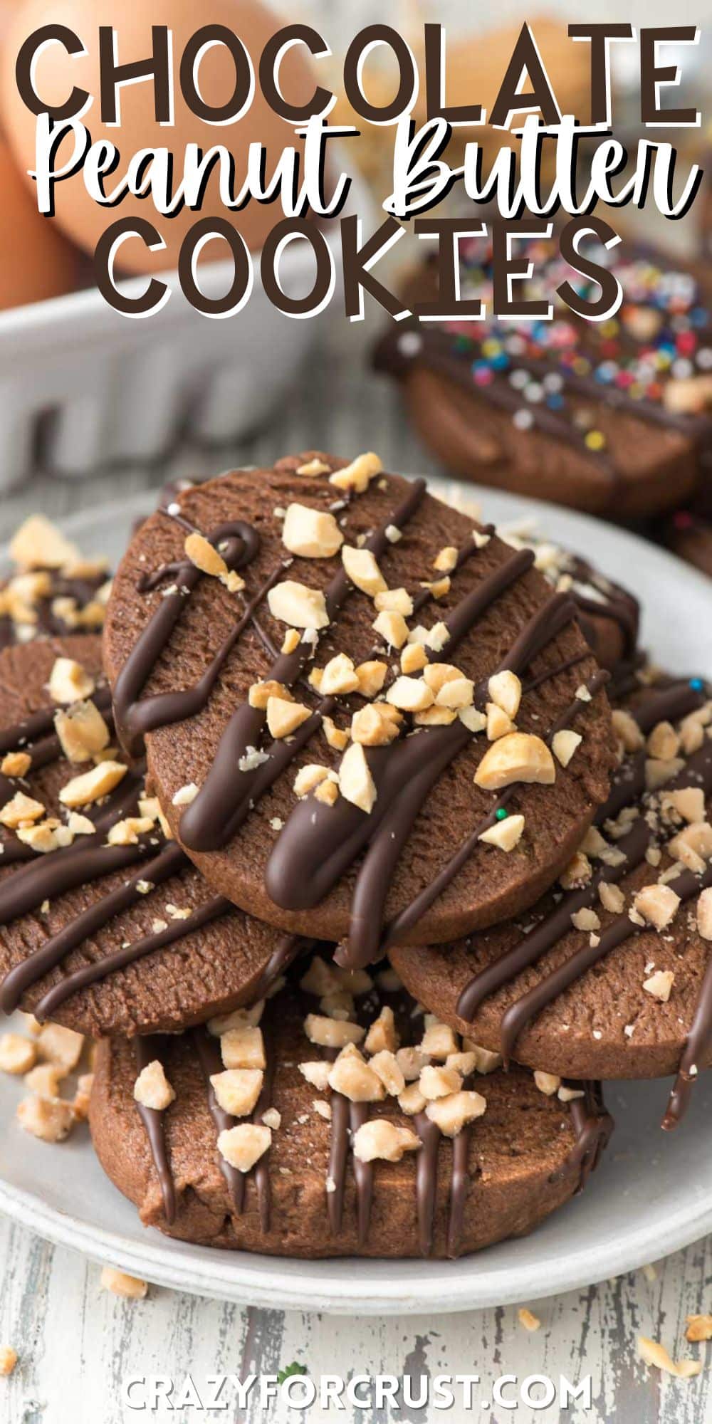 stacked chocolate cookies on a white plate with chocolate drizzled over top with words on the image.