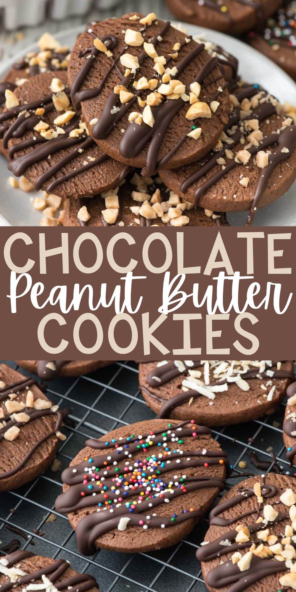 two photos of stacked chocolate cookies on a white plate with chocolate drizzled over top with words on the image.