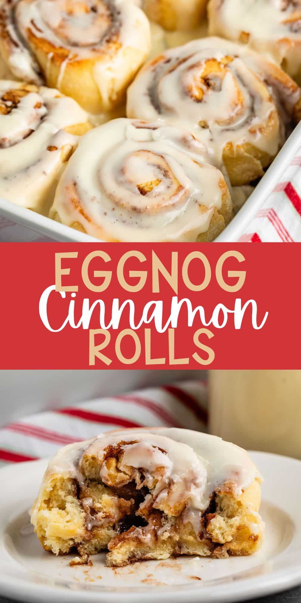 two photos of cinnamon rolls laid together in a white dish with icing on top with words on the image.