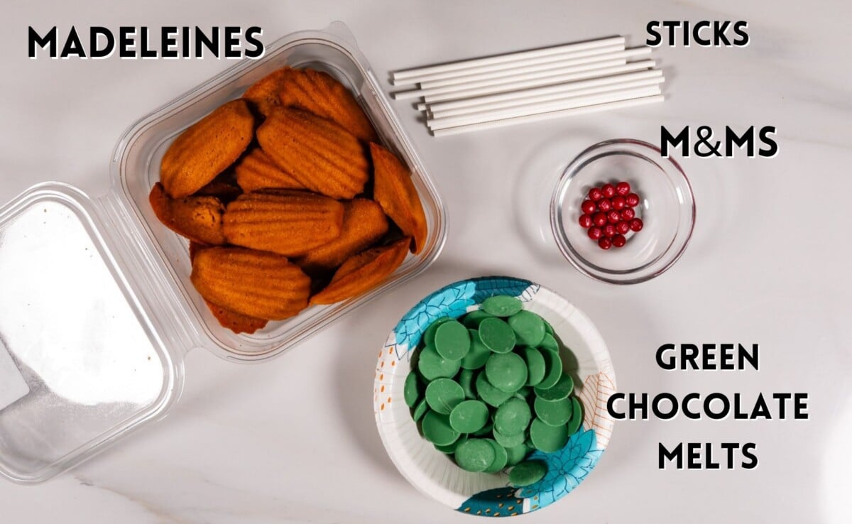 ingredients in holly madeleines laid out on a marble counter.