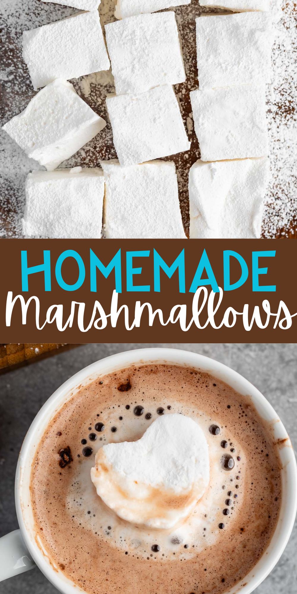 two photos of large homemade marshmallows laid on top of powdered sugar on a cutting board with words on the image.