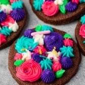 chocolate sugar cookies decorated with bright frosting