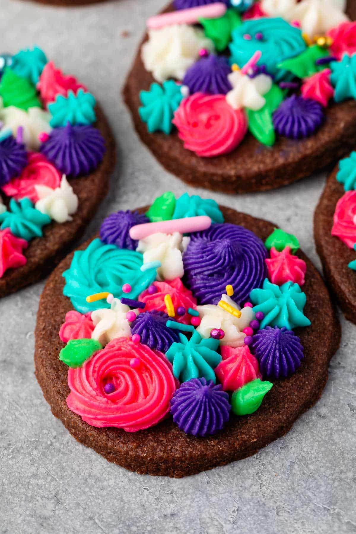 chocolate sugar cookies decorated with bright frosting