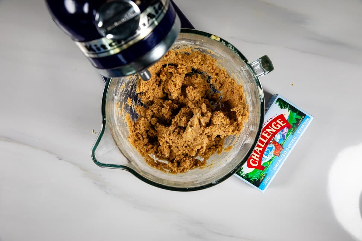 cookie dough in stand mixer.