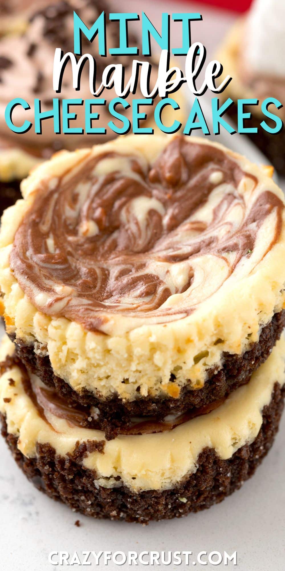 stacked mini circular cheesecakes with white and brown marble on top with words on the image.