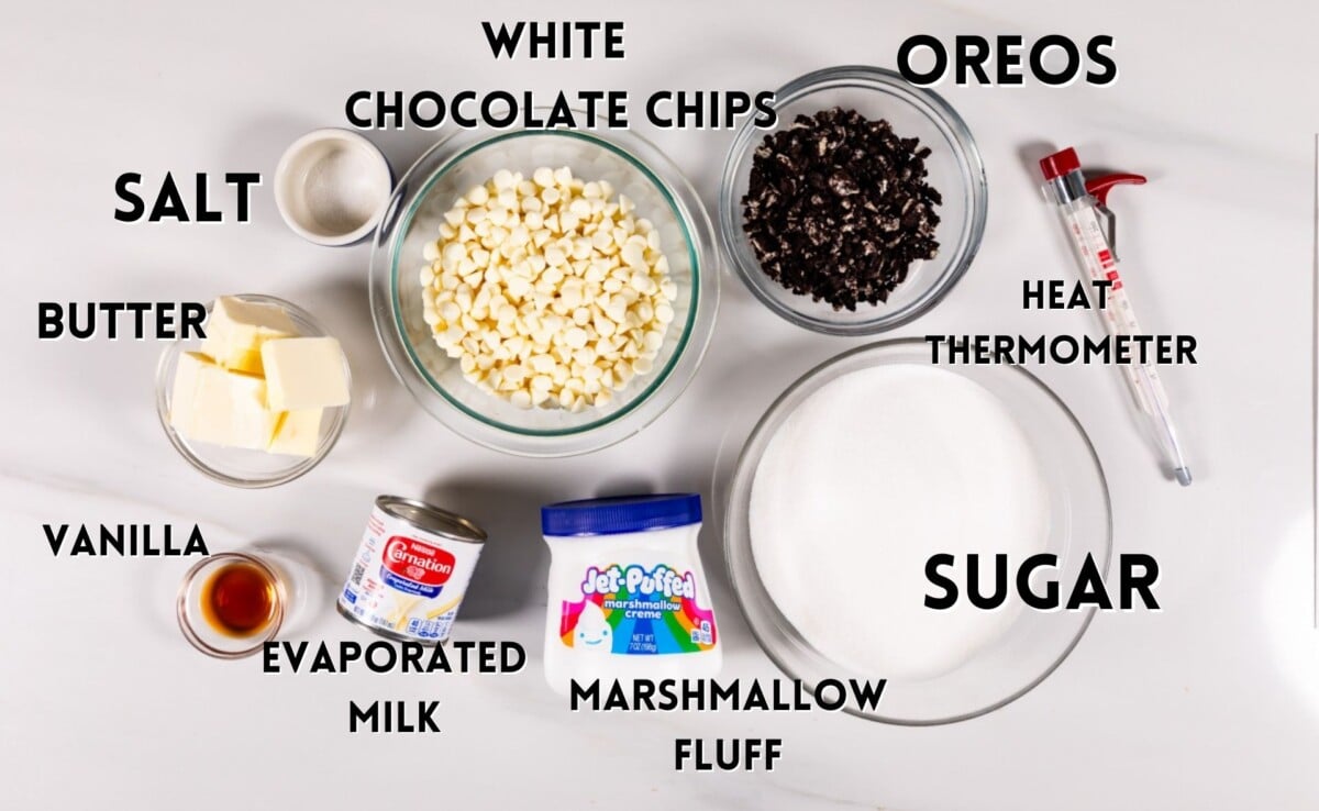ingredients in oreo fudge laid out on a marble counter.