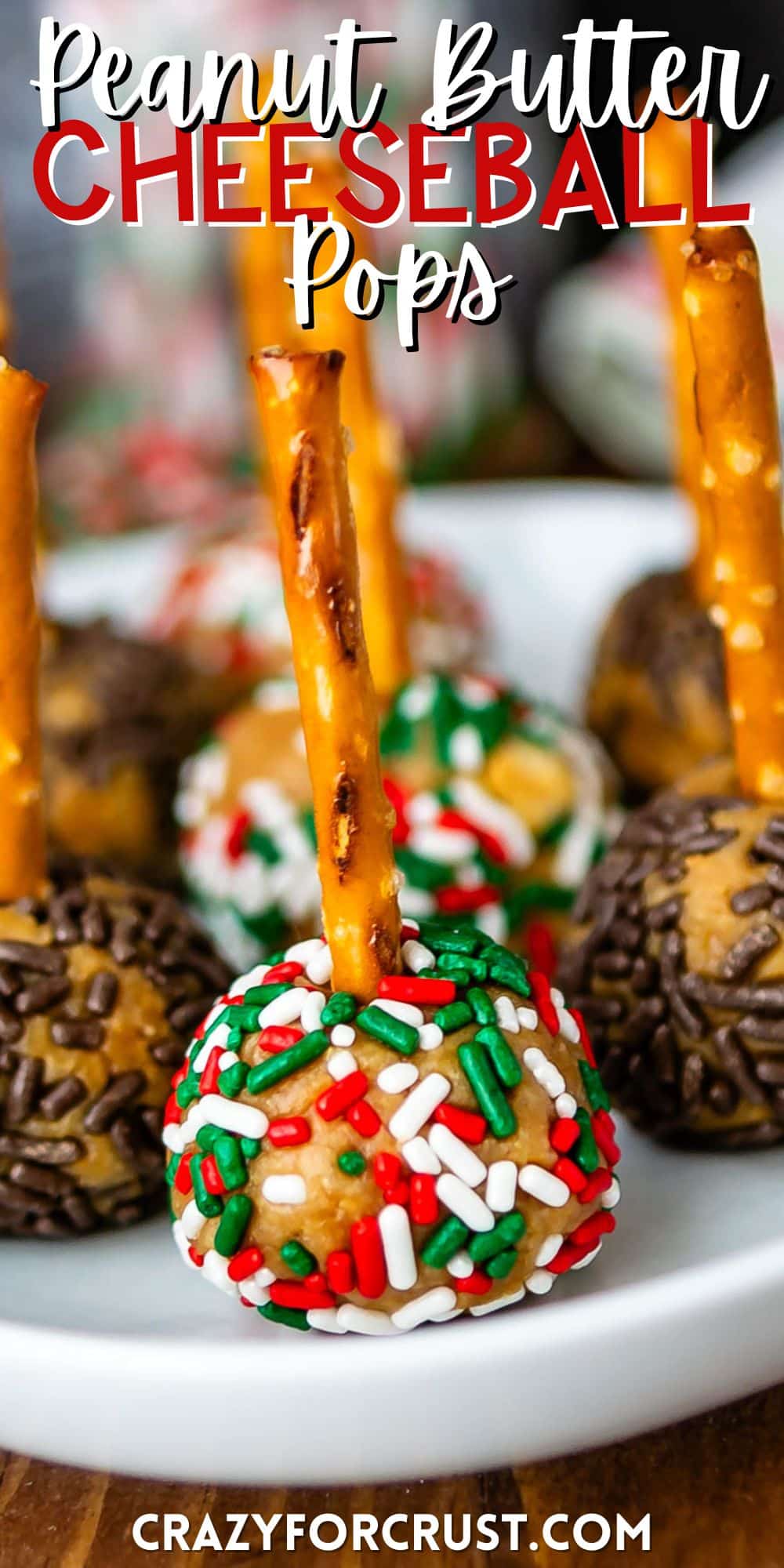 peanut butter balls with sprinkles pressed in the side on a pretzel stick with words on the image.
