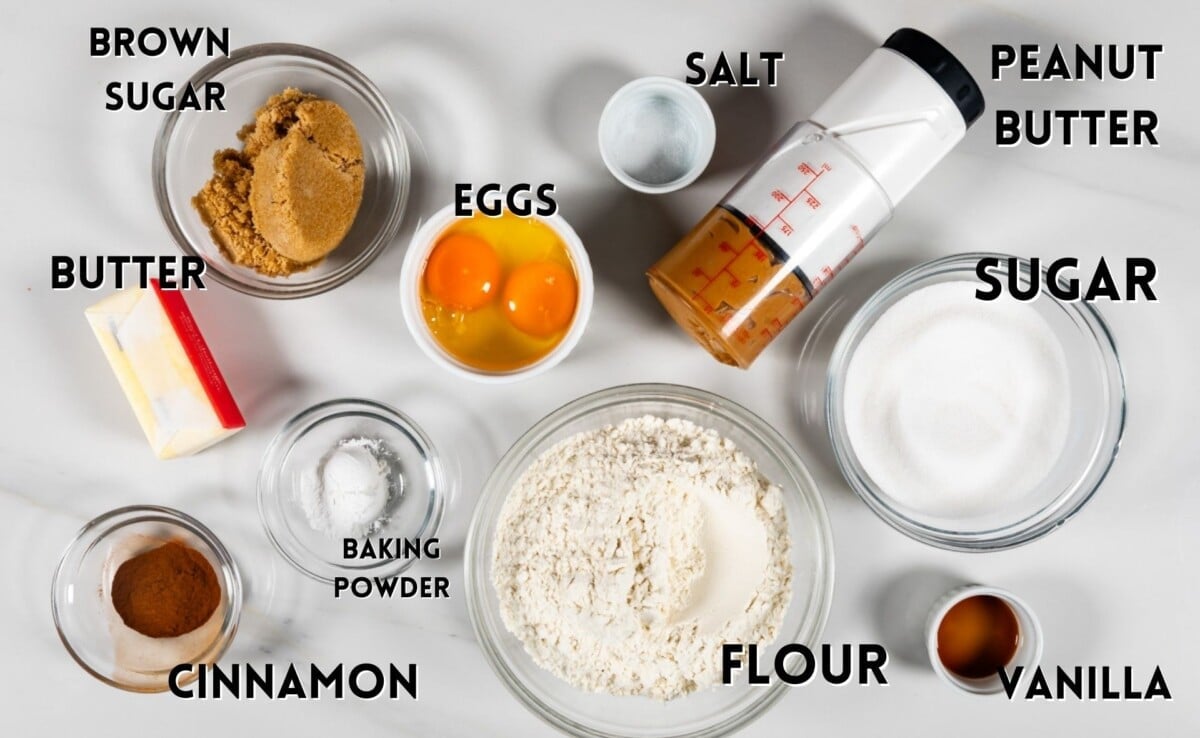 ingredients of peanut butter snickerdoodles laid out on a marble counter.