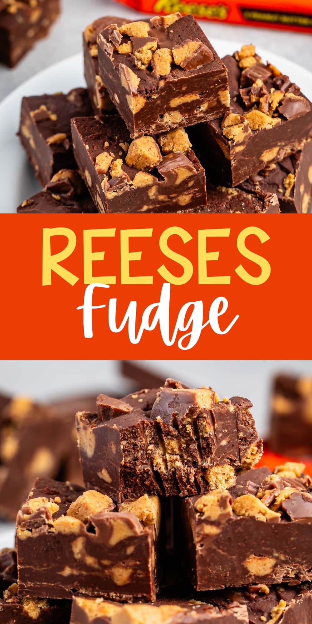 two photos of stacked brown reeses fudge on a white plate with words on the image.