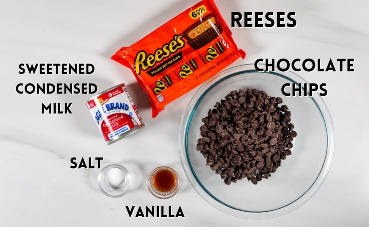 ingredients in reeses fudge laid out on a marble counter.