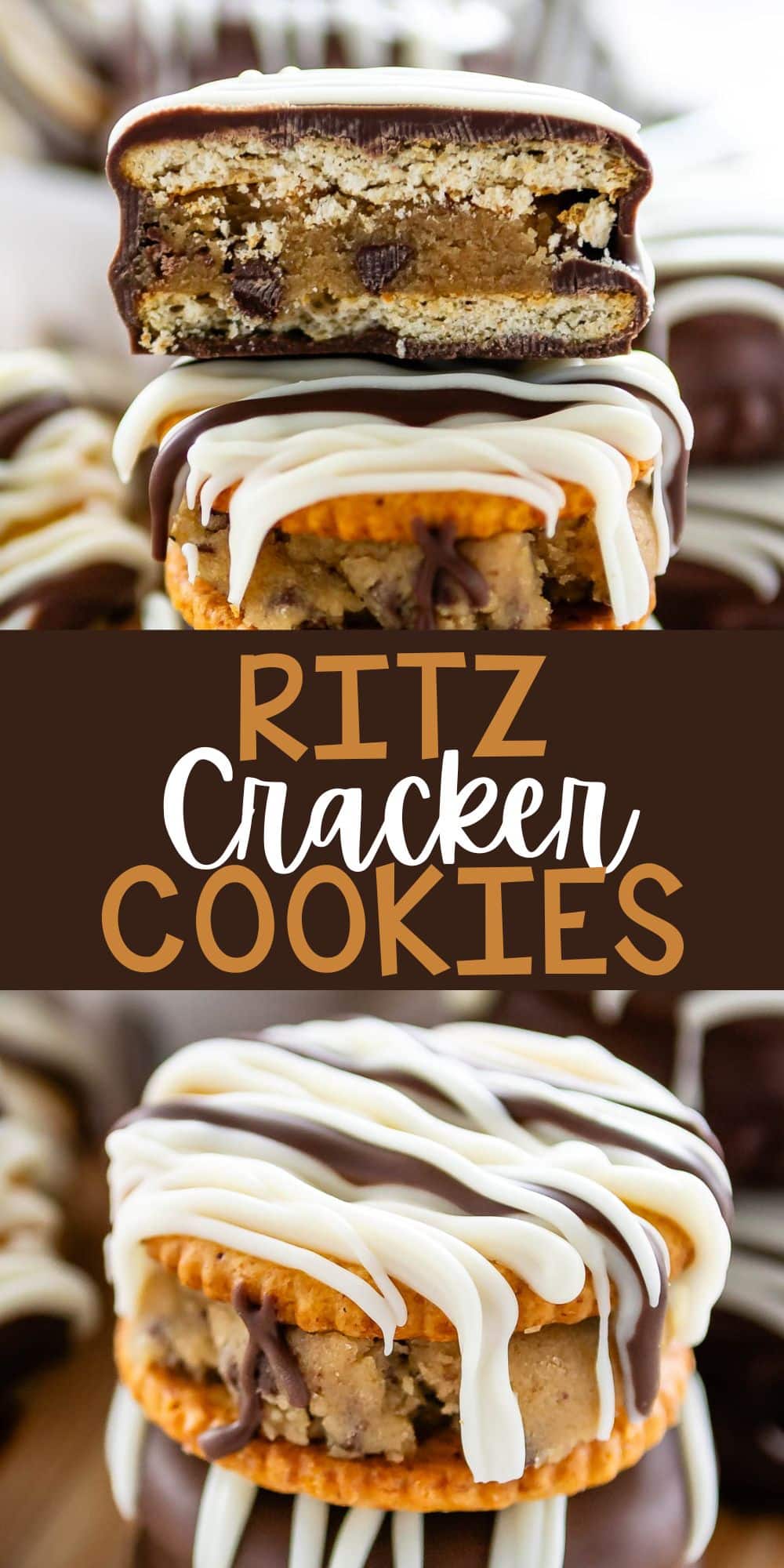 two photos of stacked ritz crackers covered in chocolate with cookie dough in the middle with words on the image.