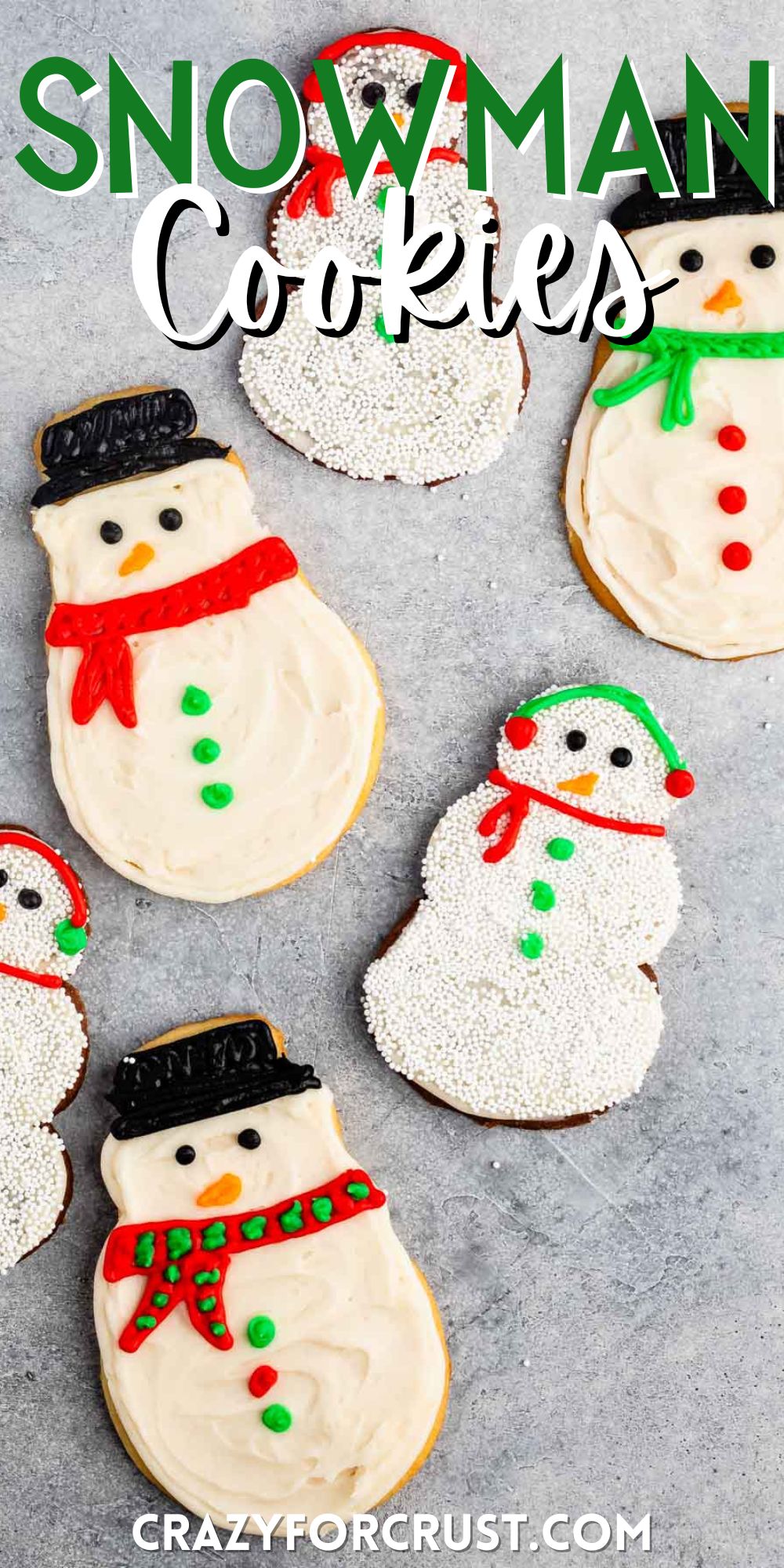 snowman cookies covered in white frosting and sprinkles and icing to replicate a snowman with words on the image.