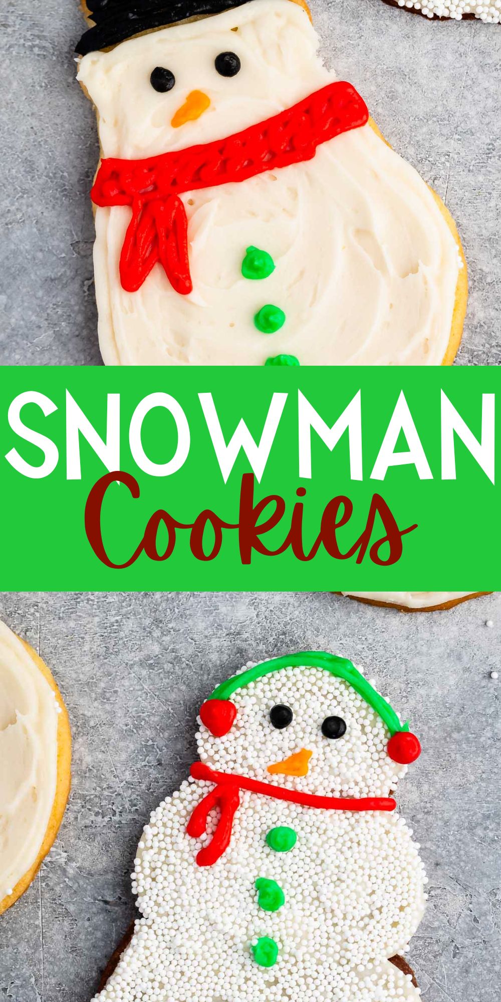 two photos of snowman cookies covered in white frosting and sprinkles and icing to replicate a snowman with words on the image.