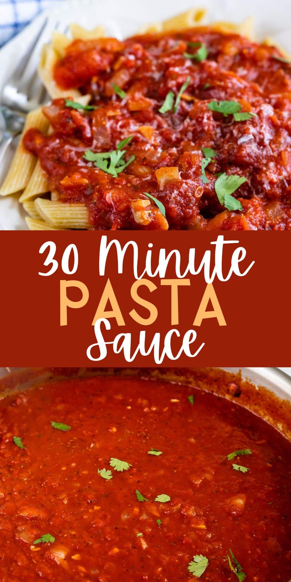 two photos of red pasta sauce on top of pasta on a white plate with words on the image.