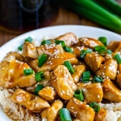 teriyaki chicken sitting on top of rice on a white plate with teriyaki sauce in the background.