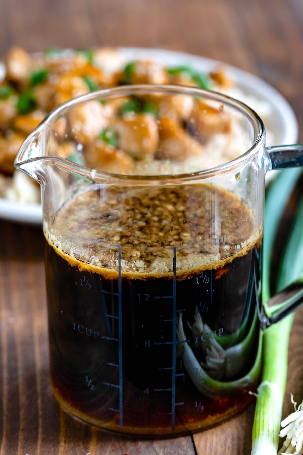 teriyaki sauce in a clear pitcher.