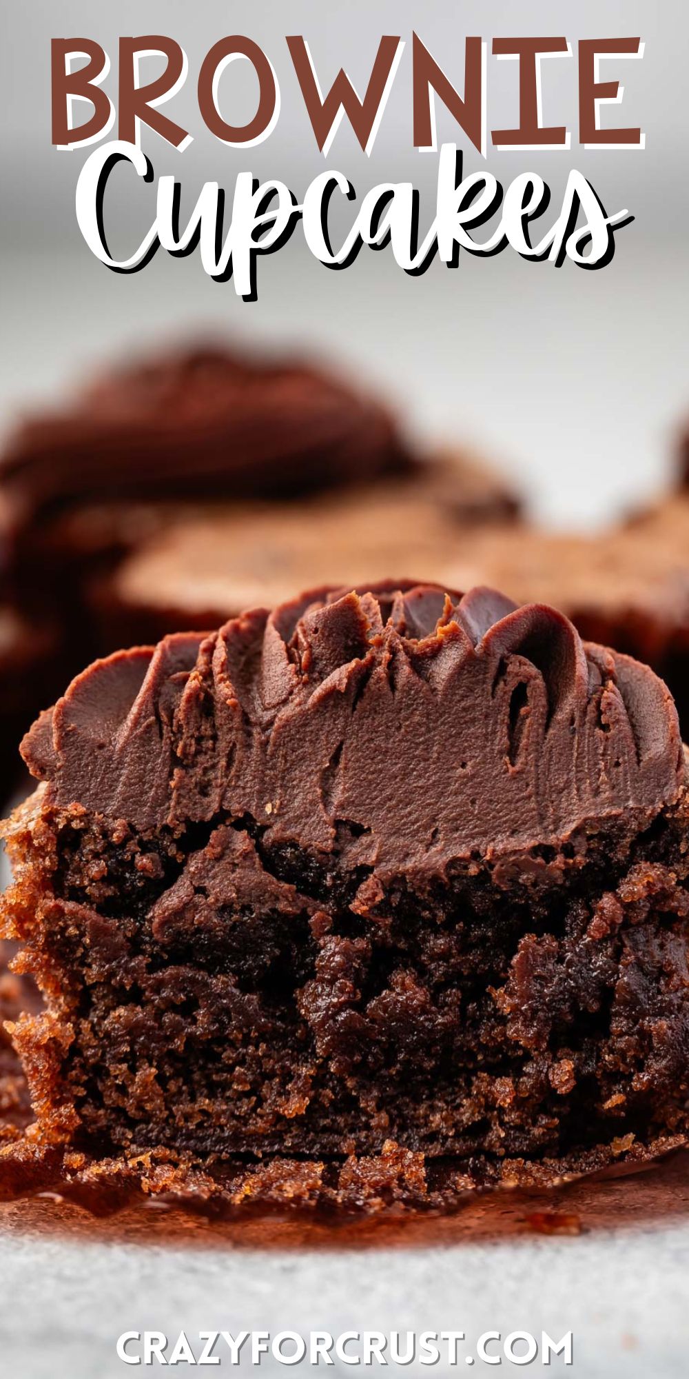 cupcake made of brownies with chocolate frosting on top with words on the image.