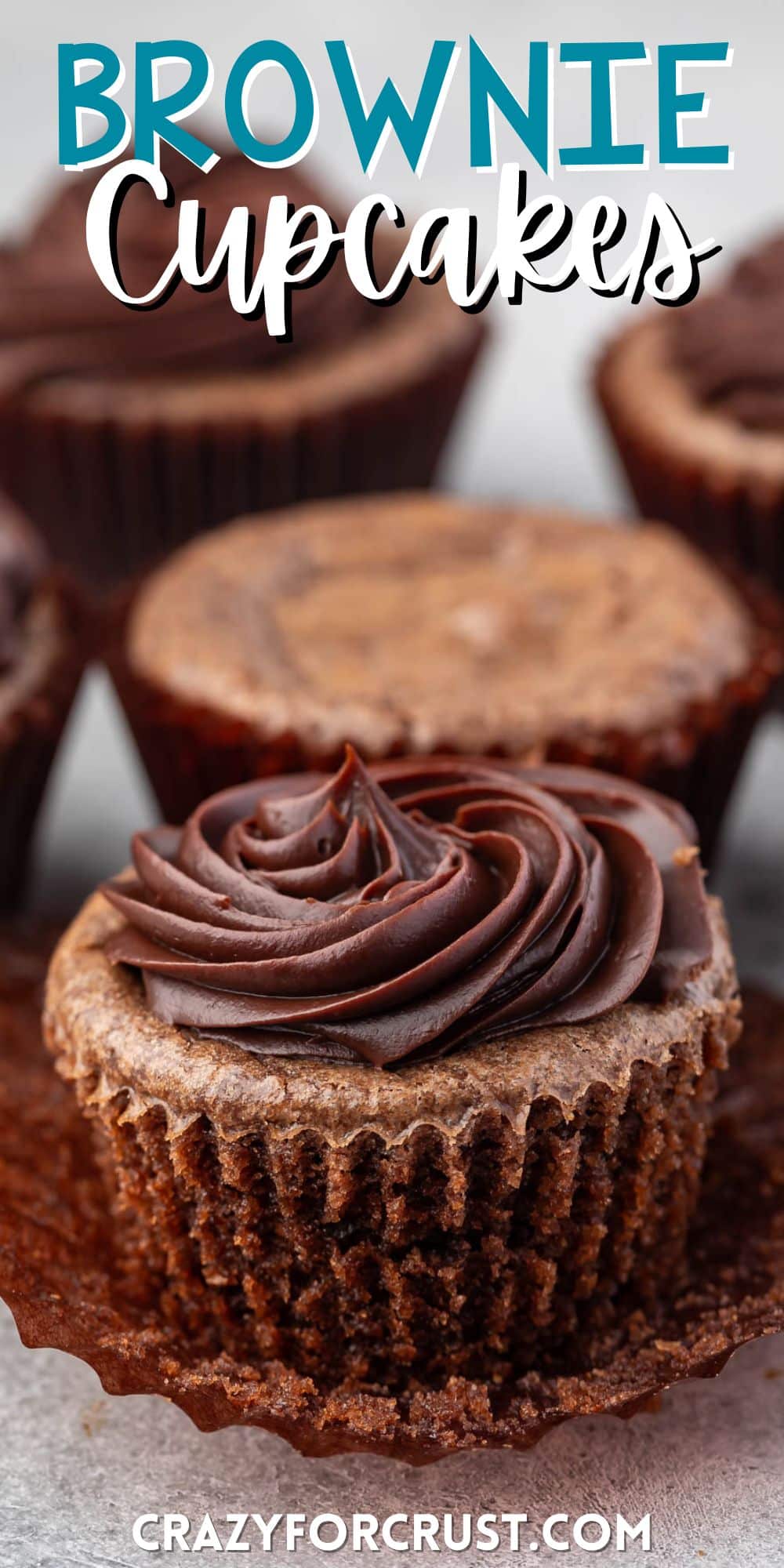 cupcake made of brownies with chocolate frosting on top with words on the image.