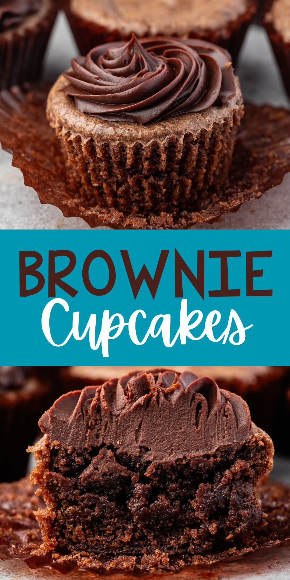 two photos of cupcake made of brownies with chocolate frosting on top with words on the image.