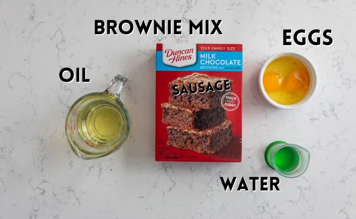 ingredients in brownie cupcakes laid out on a marble counter.