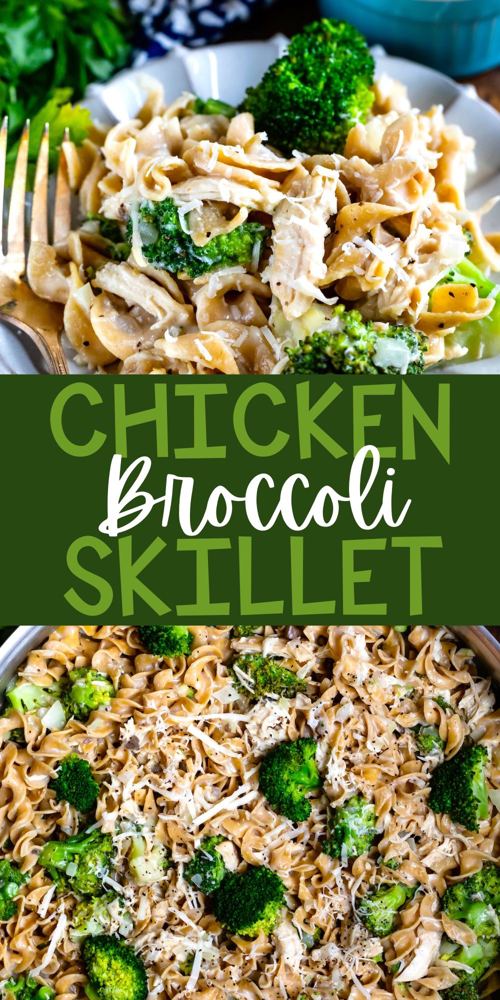 two photos of pasta mixed with broccoli in a silver skillet with words on the image.
