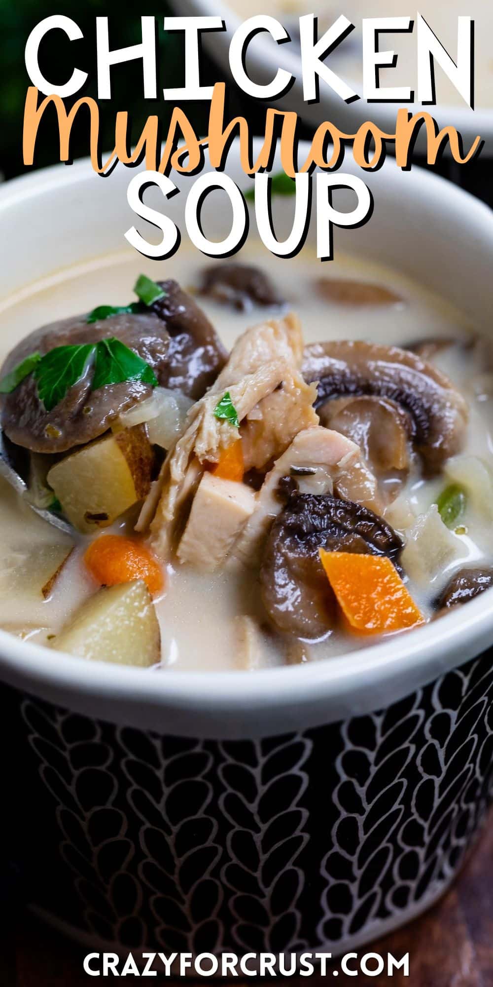 soup with mushrooms in it in a dark blue bowl with a spoon inside with words on the image.