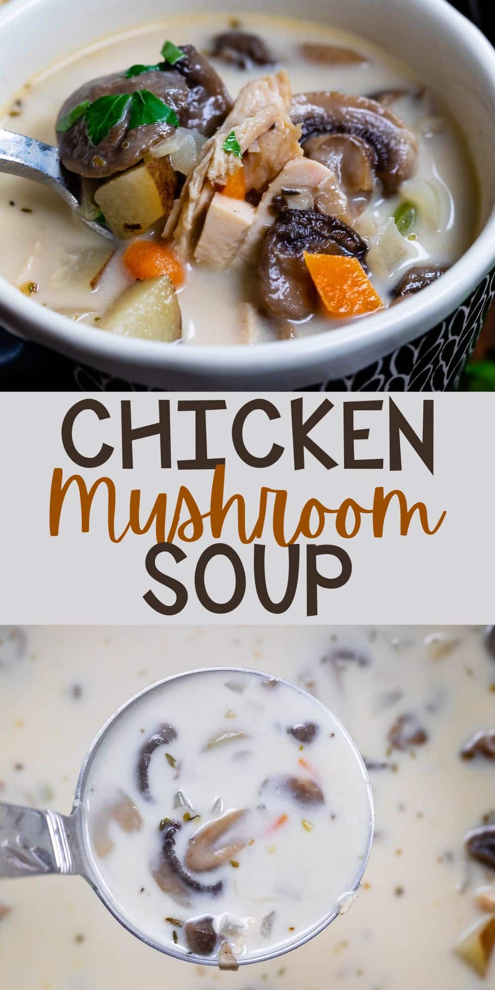 two photos of soup with mushrooms in it in a dark blue bowl with a spoon inside with words on the image.