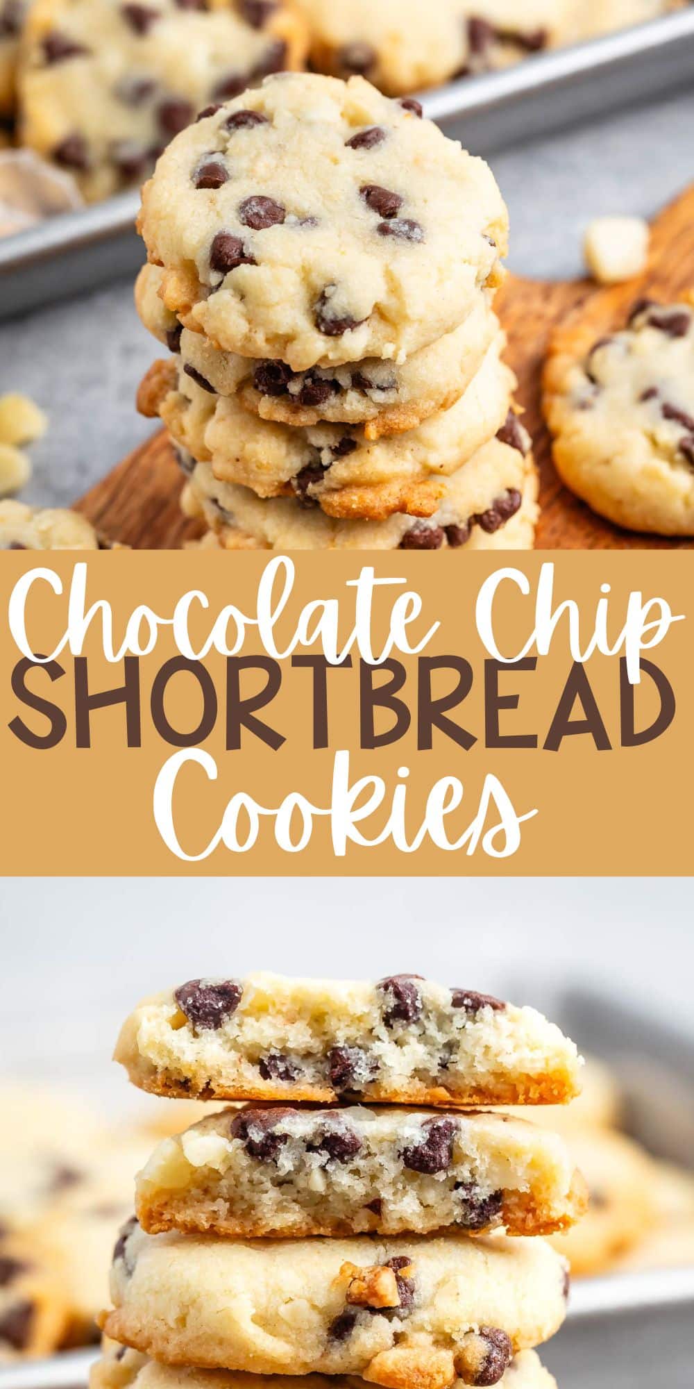 two photos of stacked cookies with chocolate chips baked into the cookie on a cutting board with words on the image.