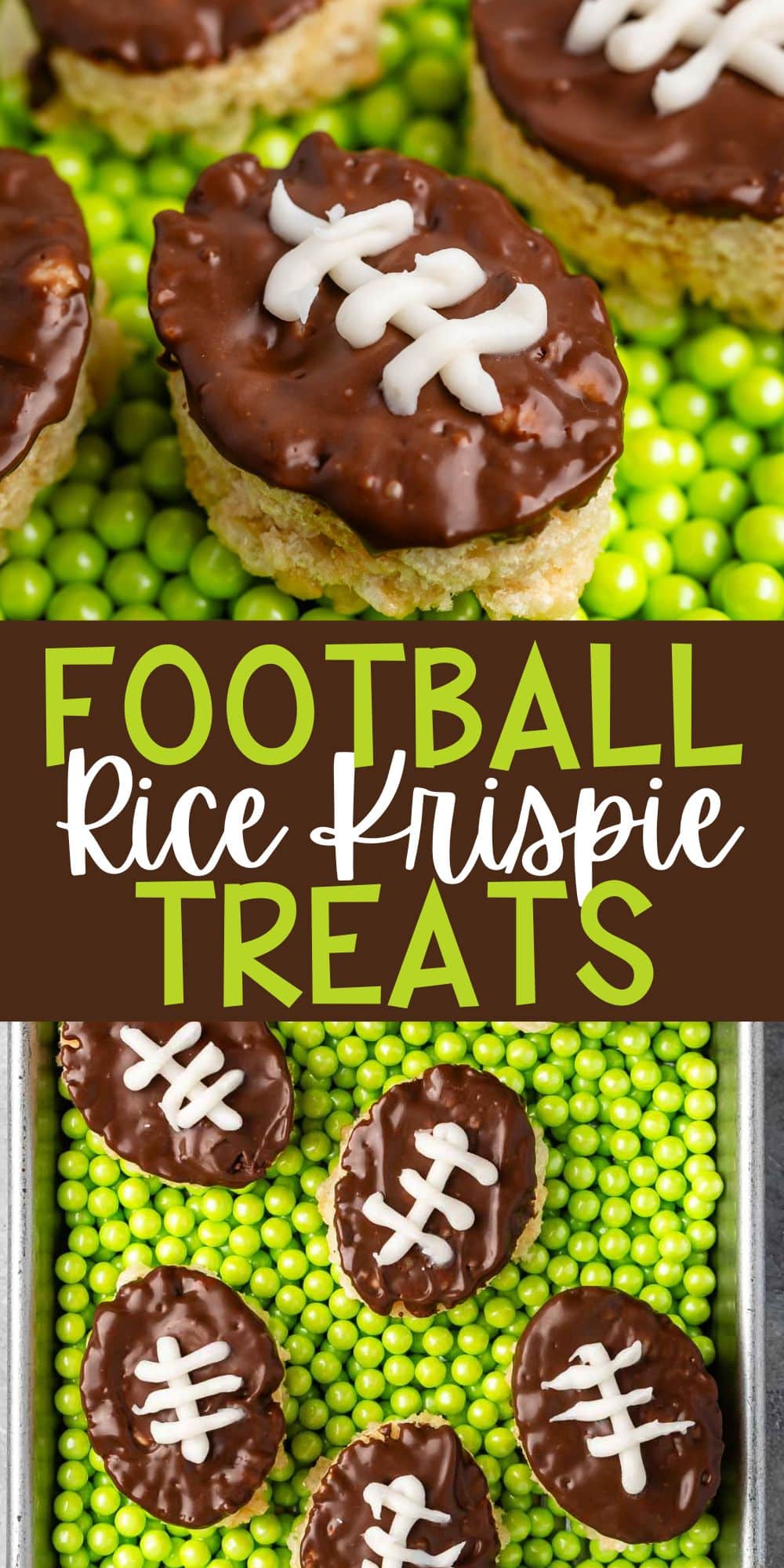 two photos mini Rice Krispie treats in the shape on footballs with brown and white frosting on top to resembles a football on a field with words on the image.