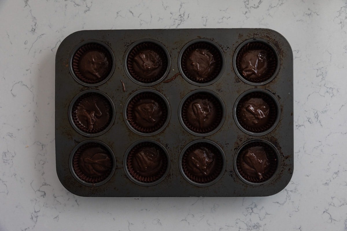 process shot of the making of brownie cupcakes.