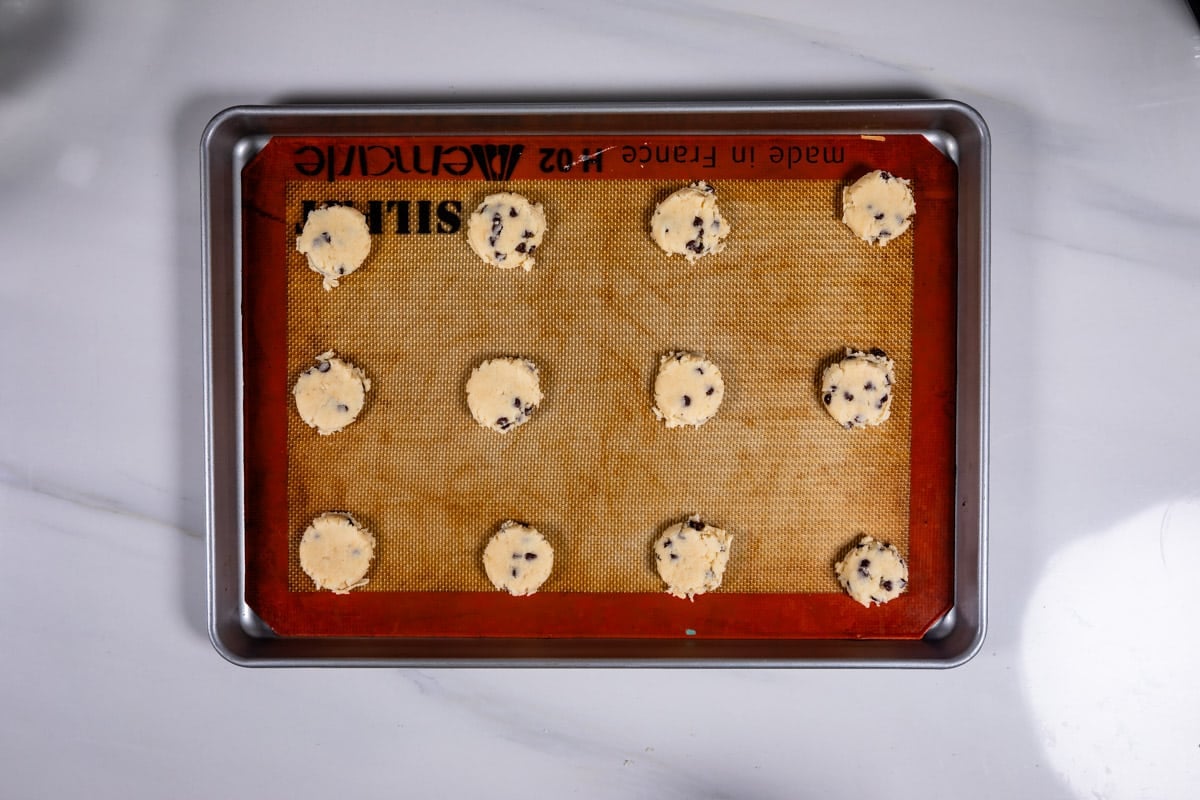 process shot of chocolate chip shortbread cookies.
