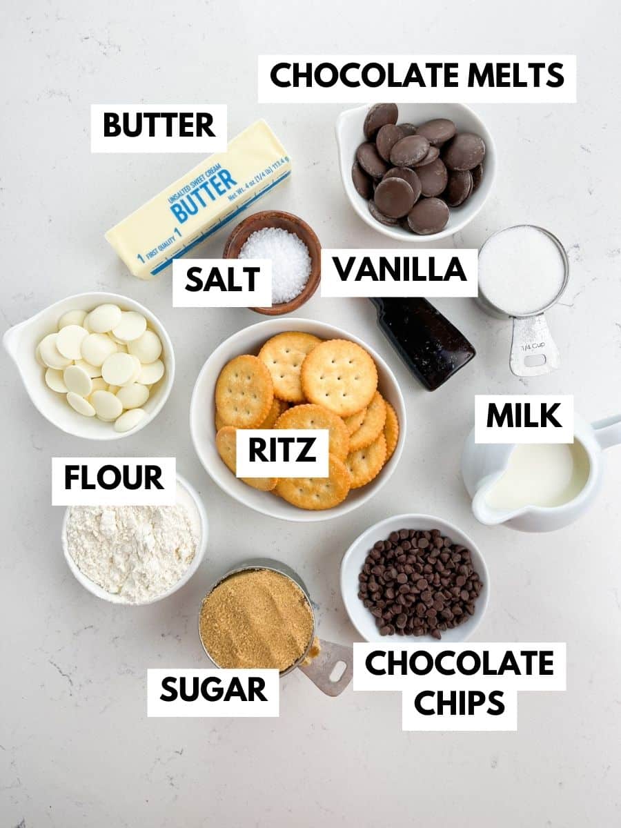 ingredients in ritz cookies with words on photo.