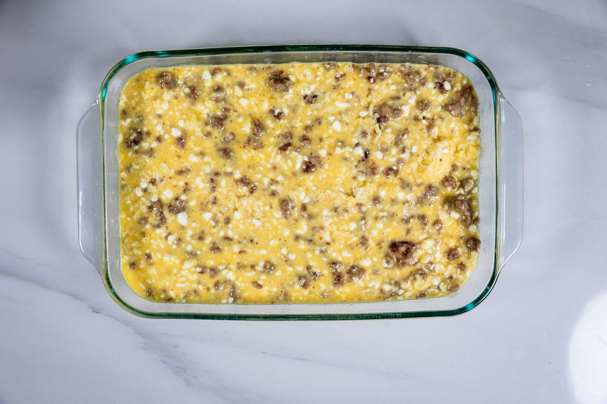 process shot of sausage egg casserole.